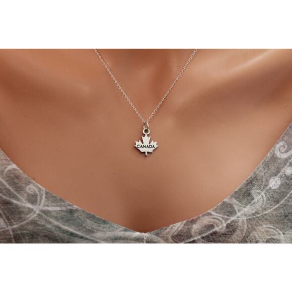 Sterling Silver Oxidized Maple Canadian Leaf Charm Necklace - Picture 3 of 9